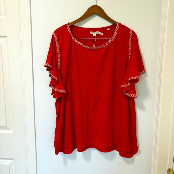 Max Studio London Blouse Short Sleeve Red White Flowy Size 3X Plus - Picture 1 of 12